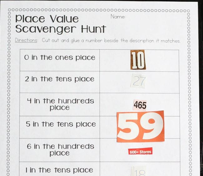 Worksheet labeled Place Value Scavenger Hunt with categories like 0 in the ones place and 2 in the tens place