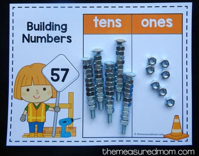 Worksheet called Building Numbers with spaces for tens and ones, with nuts and bolts representing the number 57