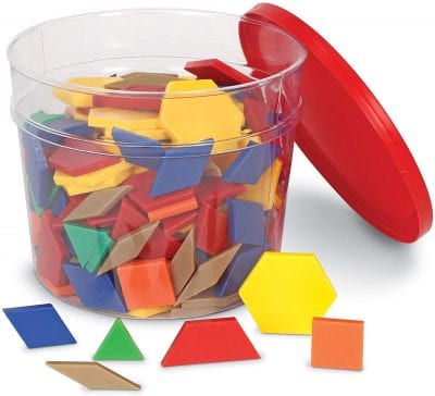 Plastic colored shapes in a tin.
