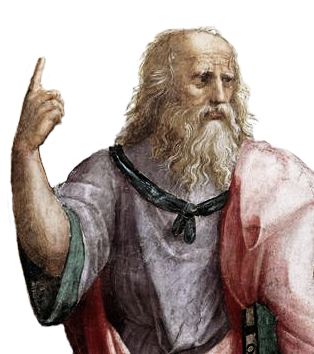 A portion of a very old painting is shown. It portrays Plato who is part of a list of famous philosophers. He has a long beard and moustache and is wearing a cloak. 