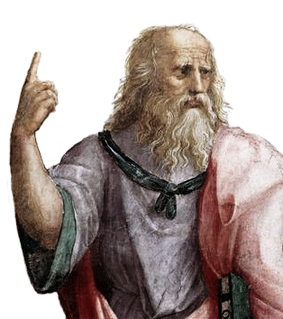 A portion of a very old painting is shown. It portrays Plato who is part of a list of famous philosophers. He has a long beard and moustache and is wearing a cloak. 