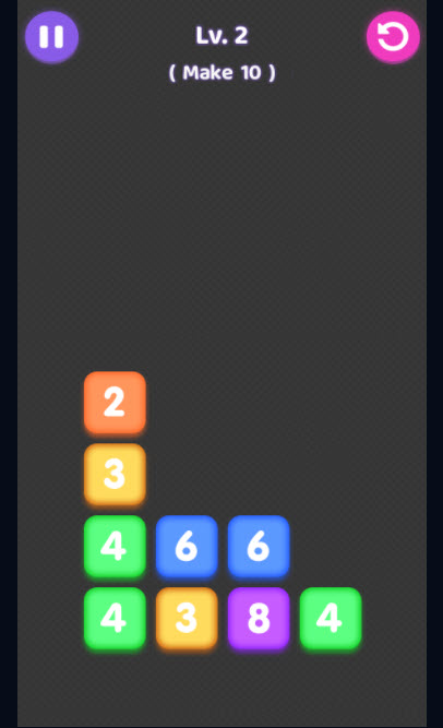 Plus 10 online math game showing columns of colored blocks with numbers in them