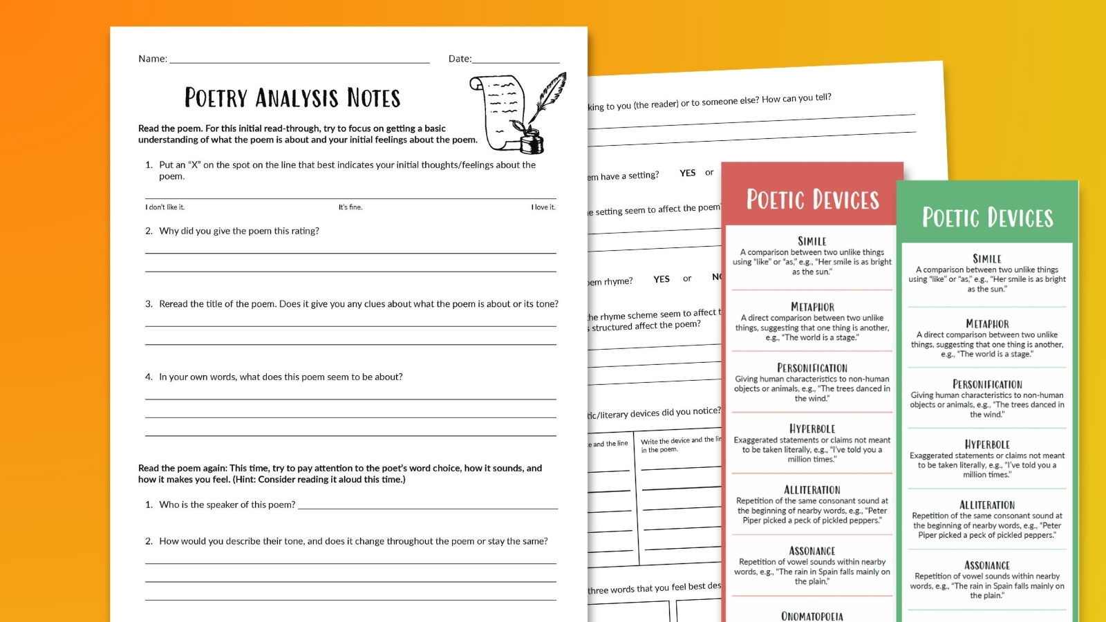 Images of the poetry analysis worksheet and bookmarks