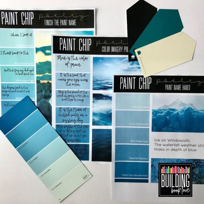 Printed paint chip poetry worksheets in shades of blue