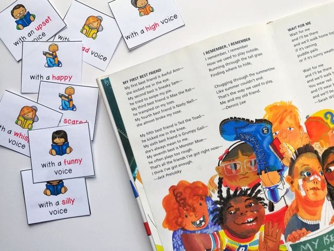 Poetry book with cards suggesting different voices like "with a funny voice" and "with a happy voice" (Poetry Games and Activities)