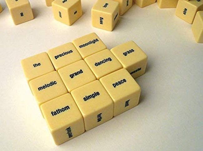 Cubes with words on each side, arranged to form a haiku (Poetry Games and Activities)