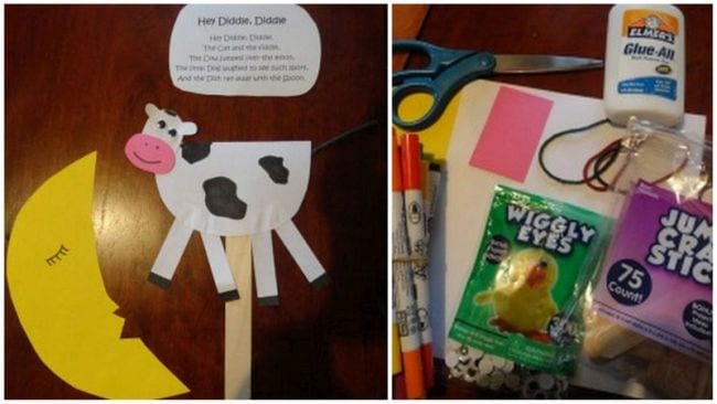Paper cow and banana with craft supplies and the poem Hey Diddle Diddle