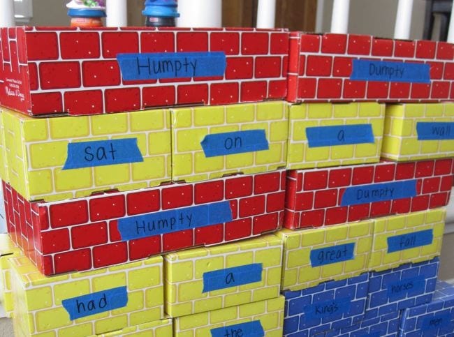 Cardboard bricks labeled with the words of Humpty Dumpty (Poetry Games and Activities)