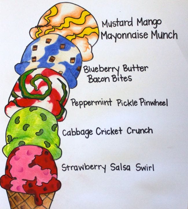 Colorful illustration of an ice cream cone with six scoops with creative flavor names like Cabbage Cricket Crunch