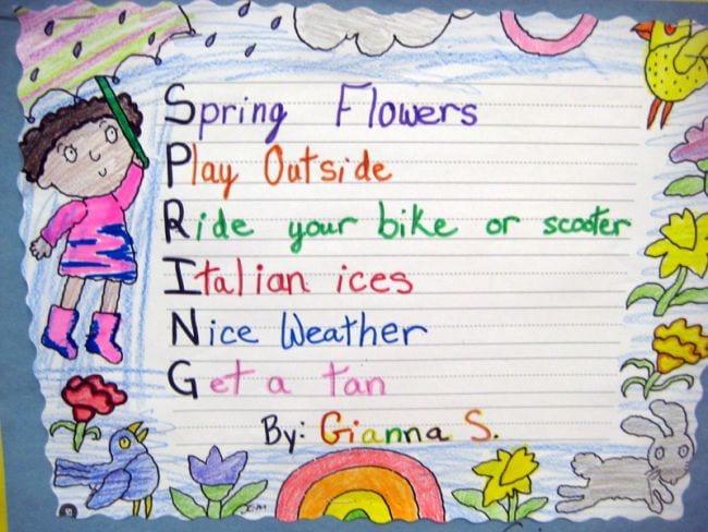 Acrostic poem for the word Spring with illustrations around the edge (Poetry Games and Activities)
