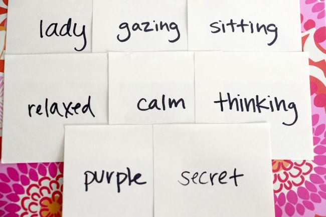 Words written on sticky notes arranged into a poem (Poetry Games and Activities)