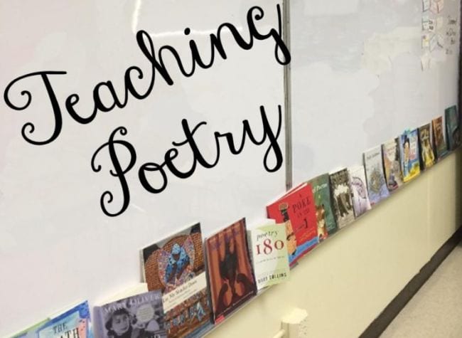 Whiteboard ledge lined with poetry books; text reads Teaching Poetry
