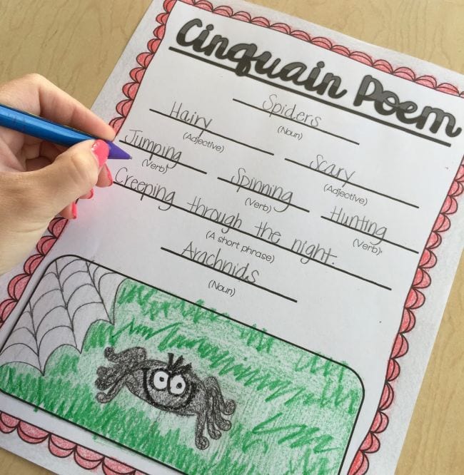 Cinquain poem worksheet with an illustration of a spider in the grass