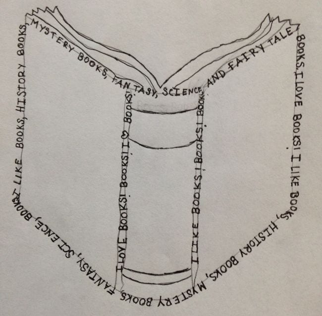 Concrete poem written around the shape of an open book