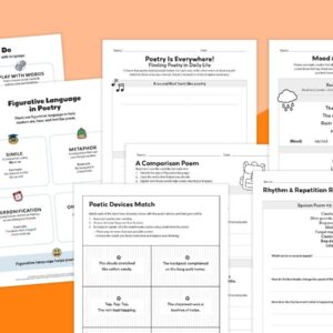 Images of various worksheets and activity pages from the elementary poetry unit.