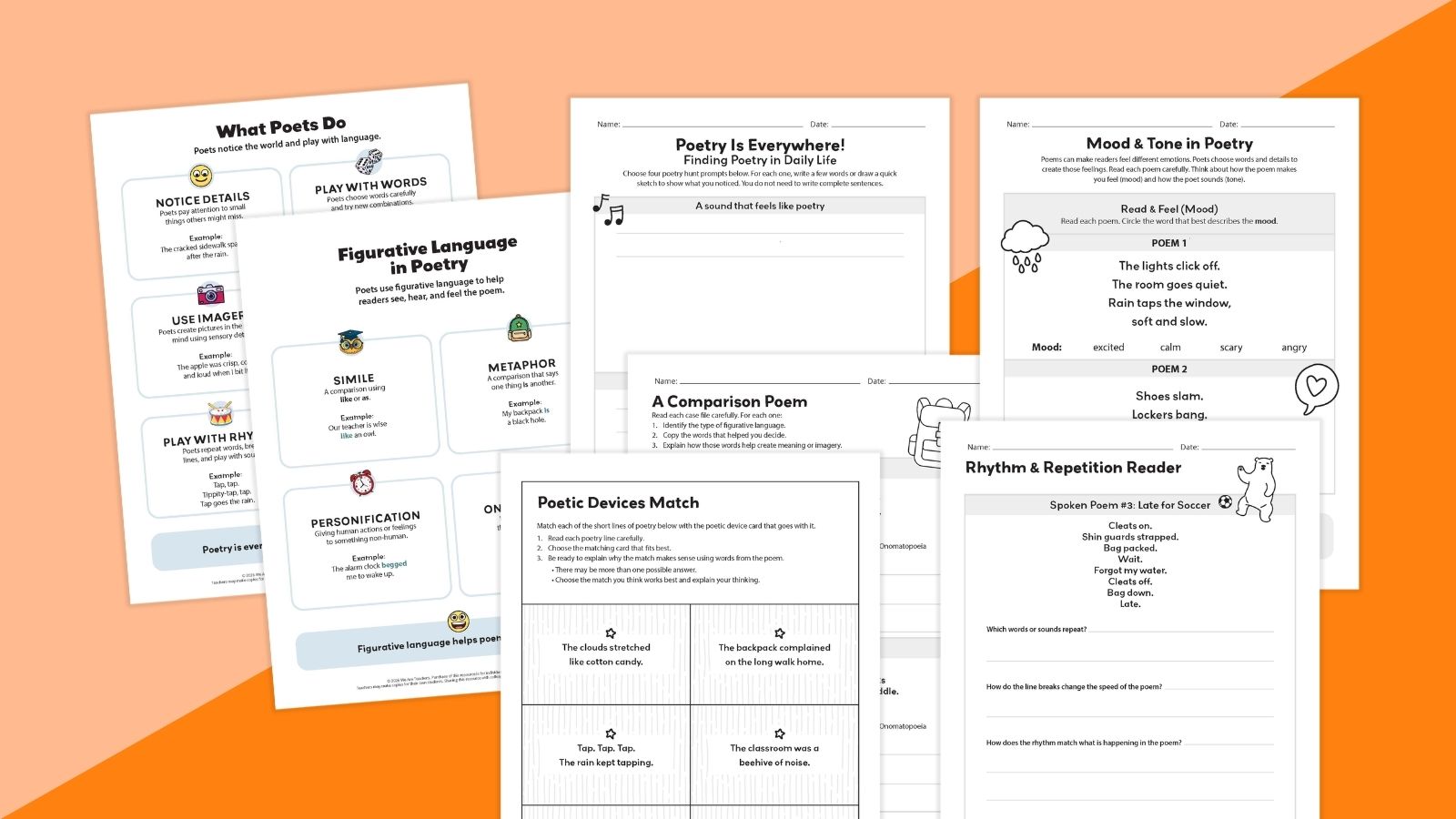 Images of various worksheets and activity pages from the elementary poetry unit.