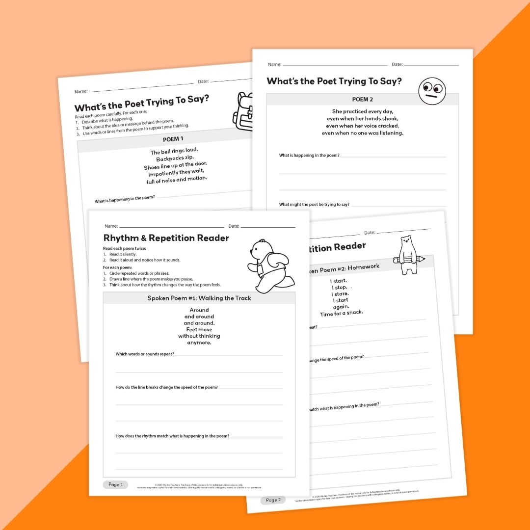 Worksheets featuring different ways to teach poetry to elementary students.