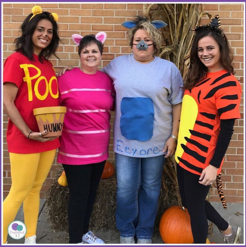 Pooh and Friends Halloween costumes for teachers, poo, piglet, eyeore, and tigger are shown.
