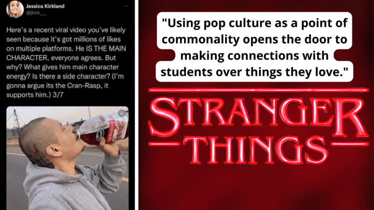 Paired image of two ways teacher uses pop culture in classroom via TikTok and Stranger Things