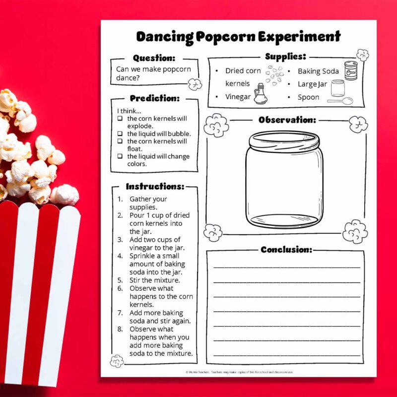 Dancing popcorn experiment worksheet with a tub of popcorn on a red square background.