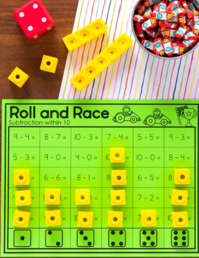 bright green "roll and race" worksheet with unifix cubes on some of the squares