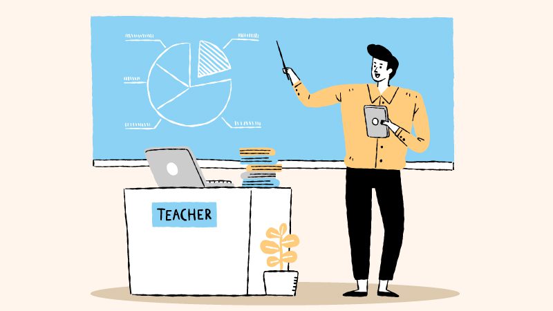 Illustration of teacher standing in front of blackboard with laptop