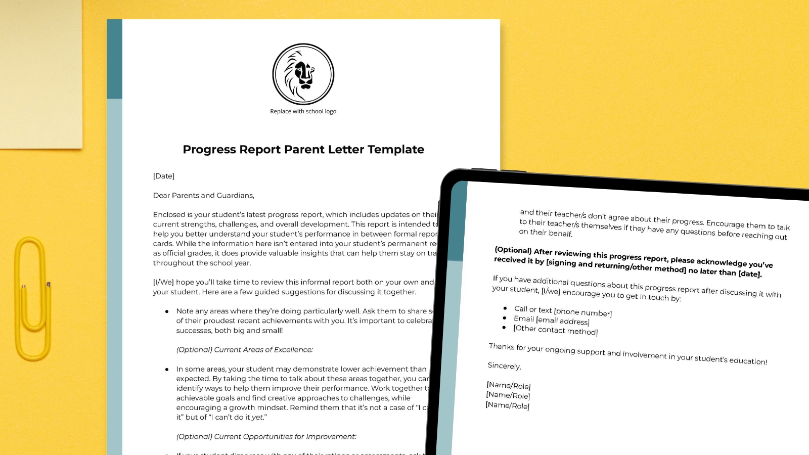 Student progress report letter to students shown on paper and tablet on desk.