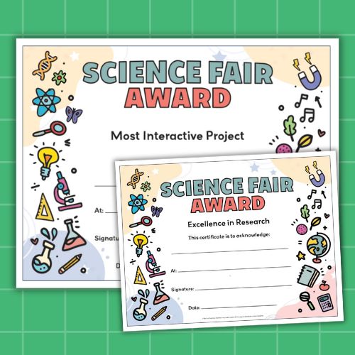 two examples of free printable science fair certificates