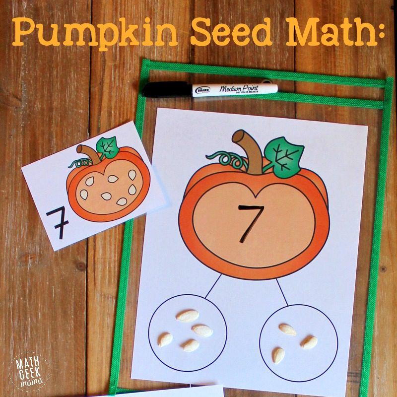 a worksheet with numbers, a pumpkin and circles to place pumpkin seeds in