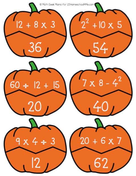a worksheet with six pumpkins on it, each divided into a math sentence and the solution
