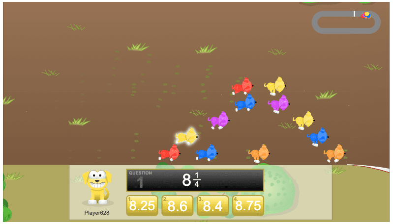 Cartoon puppies racing with a fraction math problem underneath the online math game