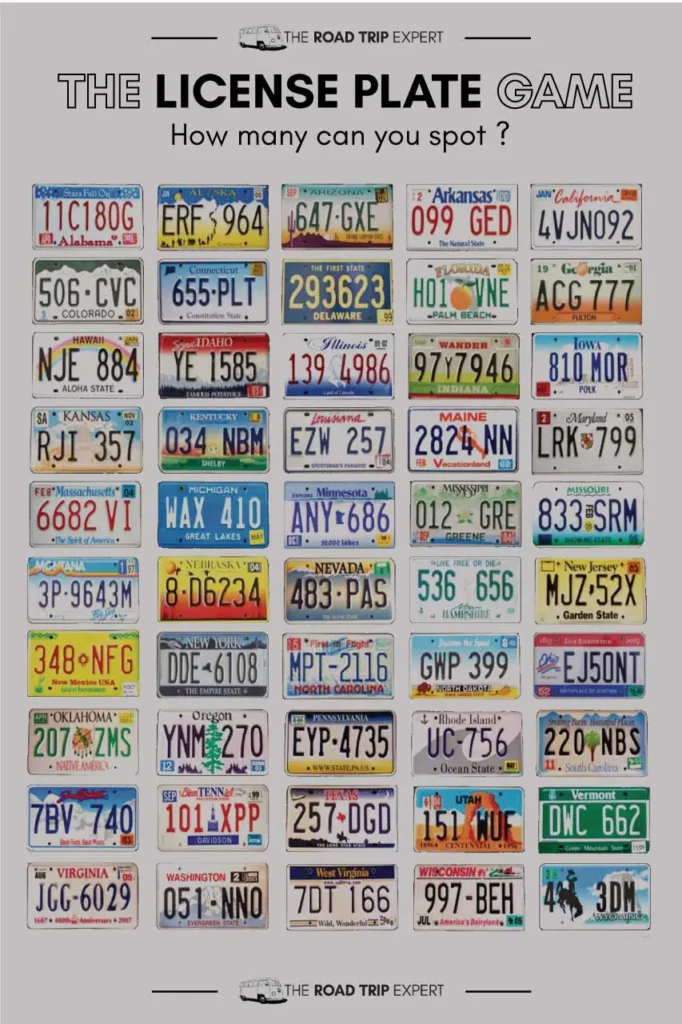 Road trip license games printable with images of state license plates.