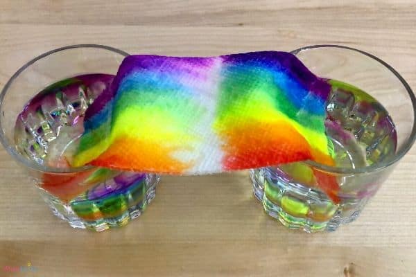 A rainbow is created from a paper towel colored with marker placed between two glasses of water