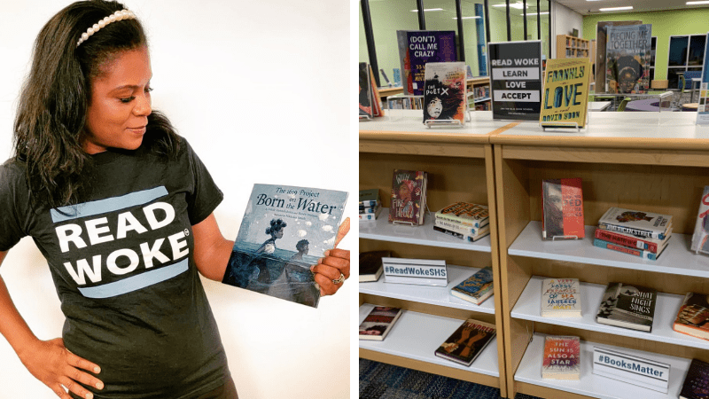 Cicely Lewis wearing Read Woke shirt and holding book next to bookshelf with Read Woke books on display