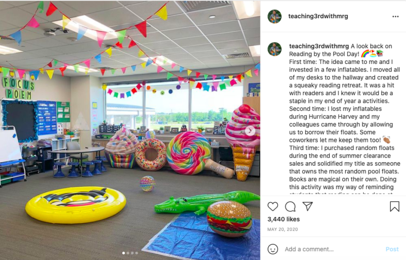 classroom scattered with colorful pool floaties