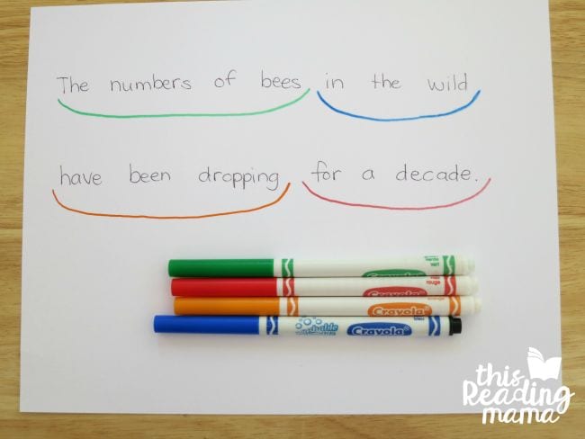 sentences with phrases underlined in colored marker to practice scooping phrases to practice reading fluency 