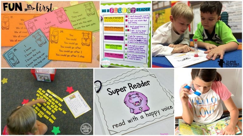 Six separate images of reading fluency activities.