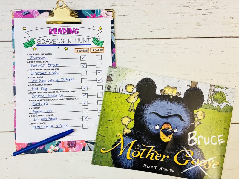 Reading Scavenger Hunt an image of a reading scavenger hunt with a clipboard and a book titles