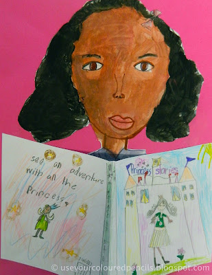 Example of a self-portrait, with a girl reading a book she made called Princess Stories 