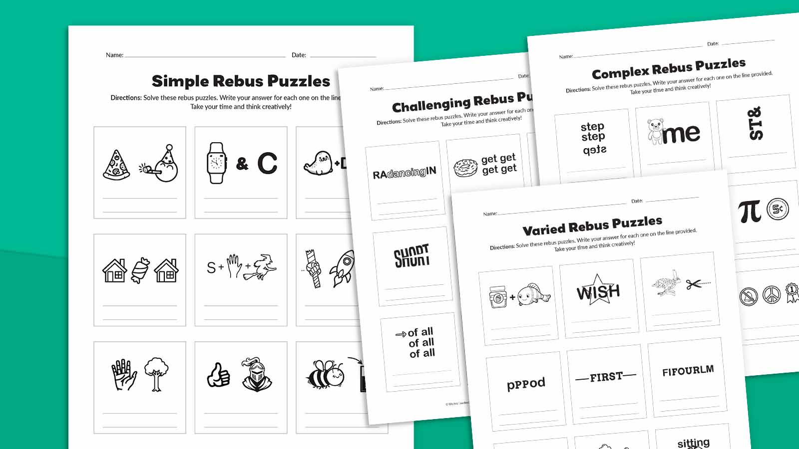 Four printable pages of rebus puzzles on green background.
