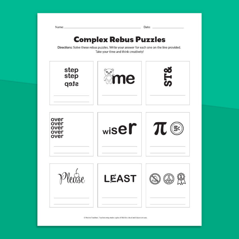 Printable one sheet of rebus puzzles on a green background.