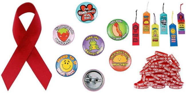 Red Ribbon Week pins, bookmarks, and bracelets