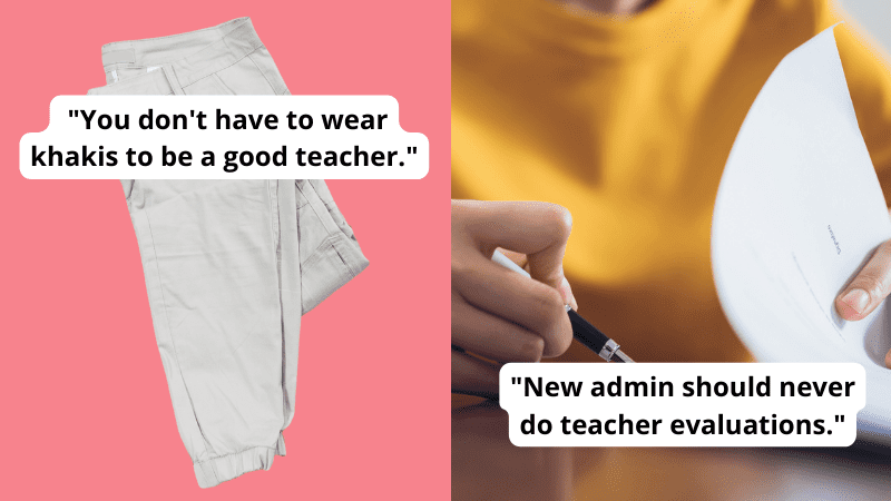 Khaki pants and a new administrator doing a teacher evaluation
