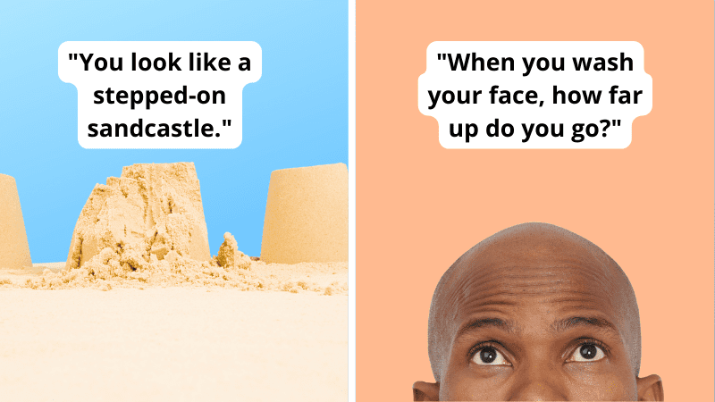 Paired image of sandcastle and man with bald head with quote of insults from students
