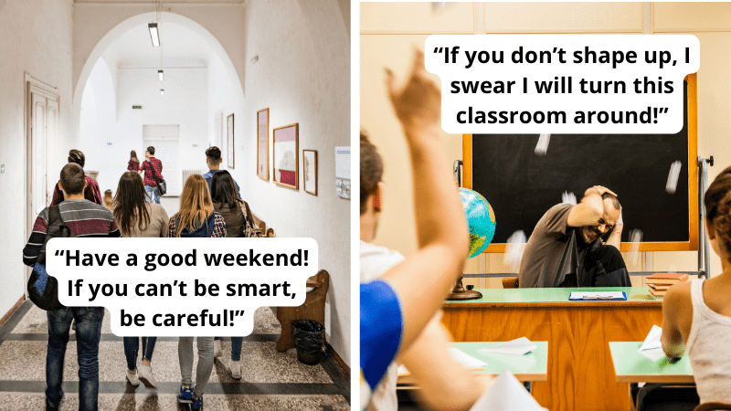 Paired image of school dismissal and unruly classroom