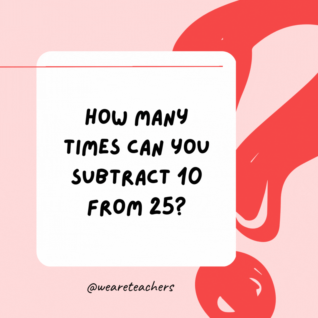 How many times can you subtract 10 from 25? Once. After you subtract 10 from 25 the first time, it becomes 15.