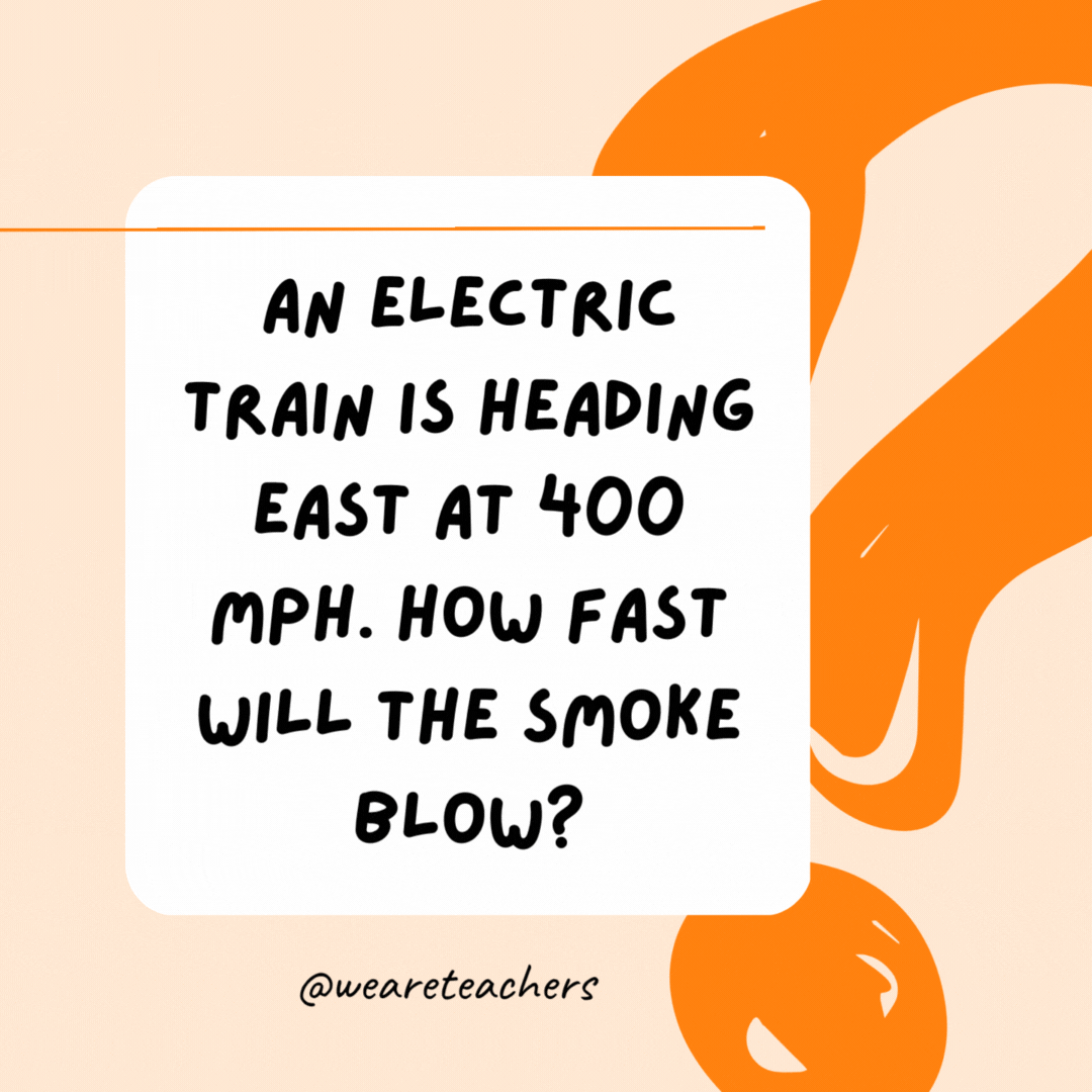 An electric train is heading east at 400 mph. How fast will the smoke blow? Electric trains do not produce smoke. 