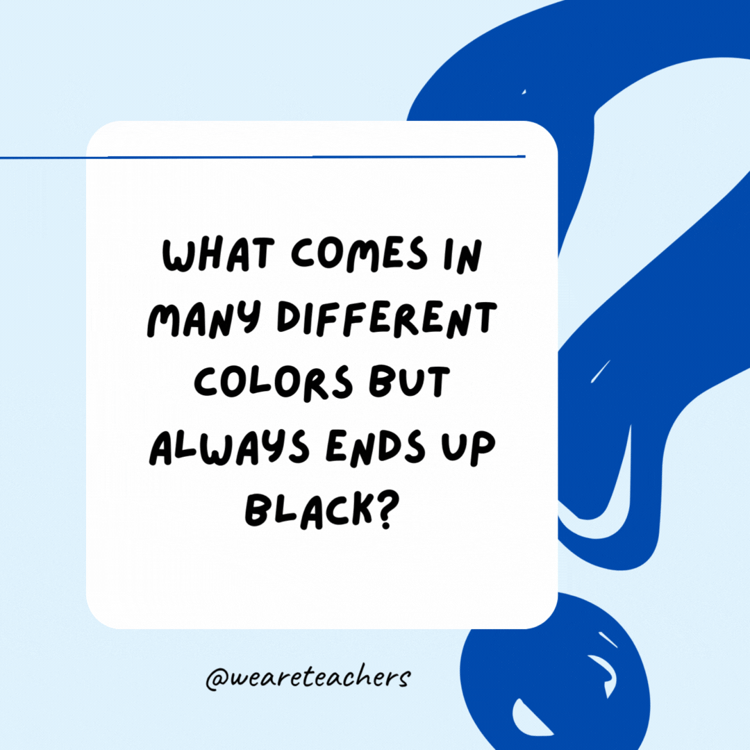 What comes in many different colors but always ends up black?

A chalkboard.- Riddles for Kids