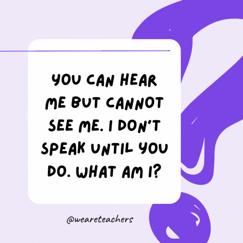 You can hear me but cannot see me. I don’t speak until you do. What am I? An echo. You can hear me but cannot see me. I don’t speak until you do. What am I? An echo.