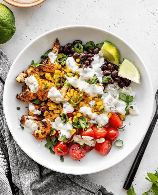 Roasted cauliflower and veggie bowl